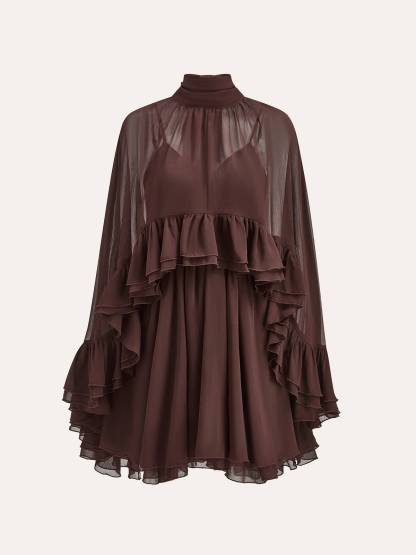 Semi-Sheer Chiffon Ruffle Cape And Mini Dress Suit