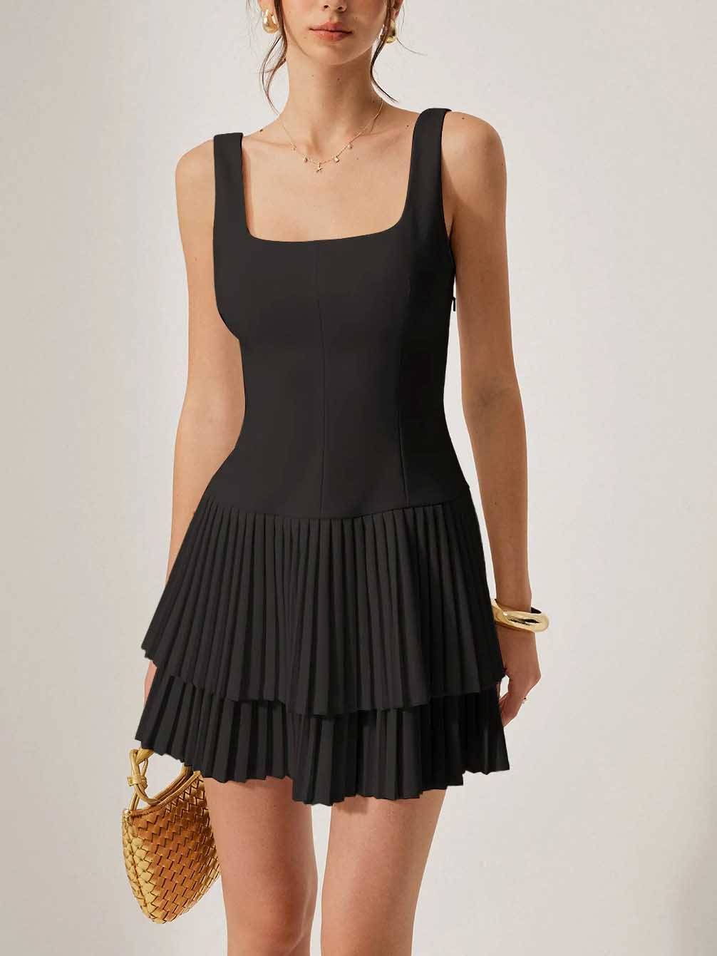 Double Pleated Skirt Sling Mini Dress