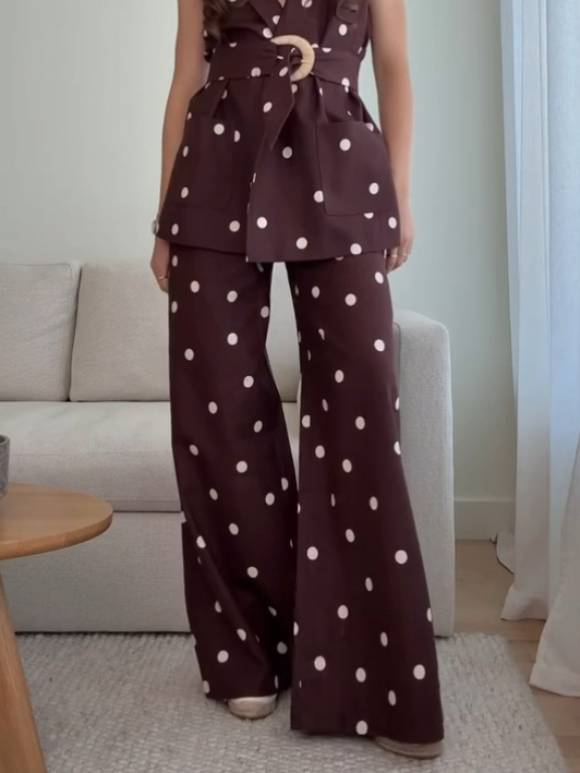 Classic Retro Polka Dot Vest And Wide Leg Pants Set -Pants