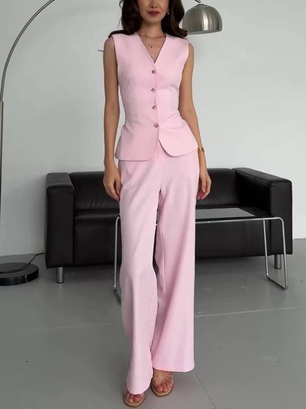 Back Lace-Up Vest And Wide Leg Pants Suit-Vest