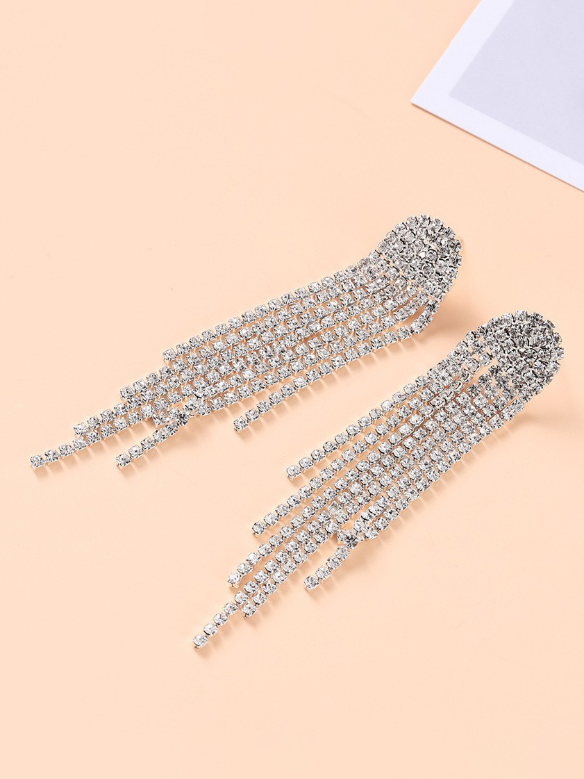 Geometric Diamond Rhinestone Long Tassel Earrings