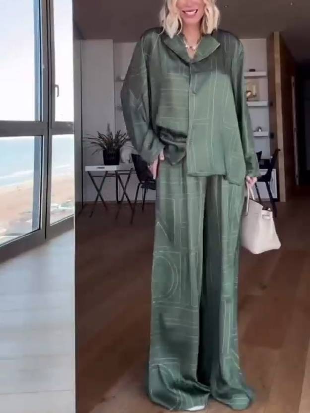 Geometric Letter Print Shirt Wide Leg Suit-Pants