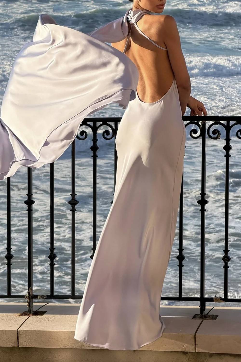 Halter Neck Draped Open Back Maxi Evening Gown With Long Sash