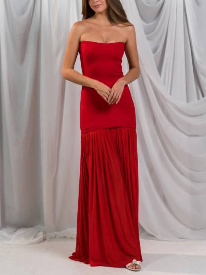 Elegant Slim-fit Tube Top Pleated Hem Maxi Dress