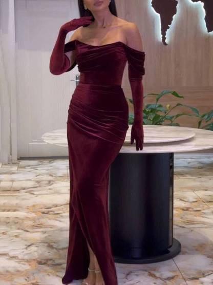 Velvet Off-Shoulder Pleated Slit Maxi Dress
