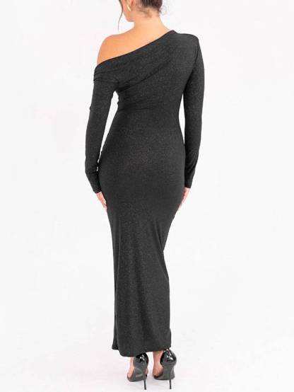 Shiny Off-Shoulder Pleated Maxi Dress