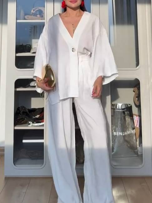Minimalist Loose Shirt And Wide Leg Pants Suit-Pants