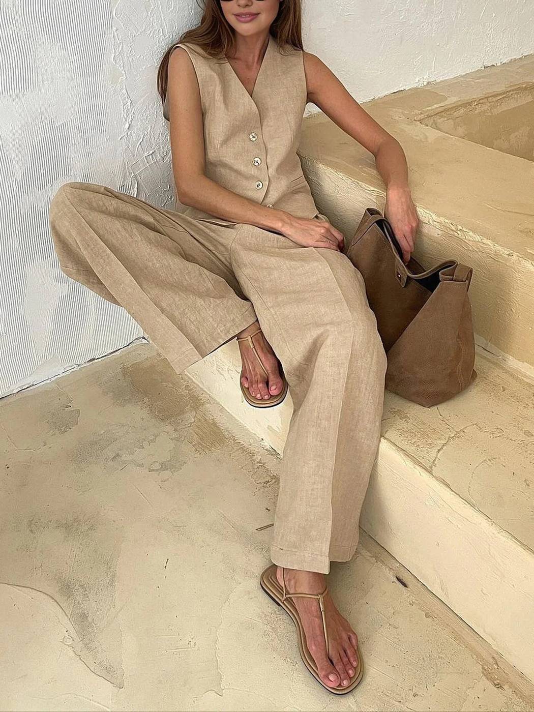Cotton Linen Vest And Wide Leg Pants Suit-Pants