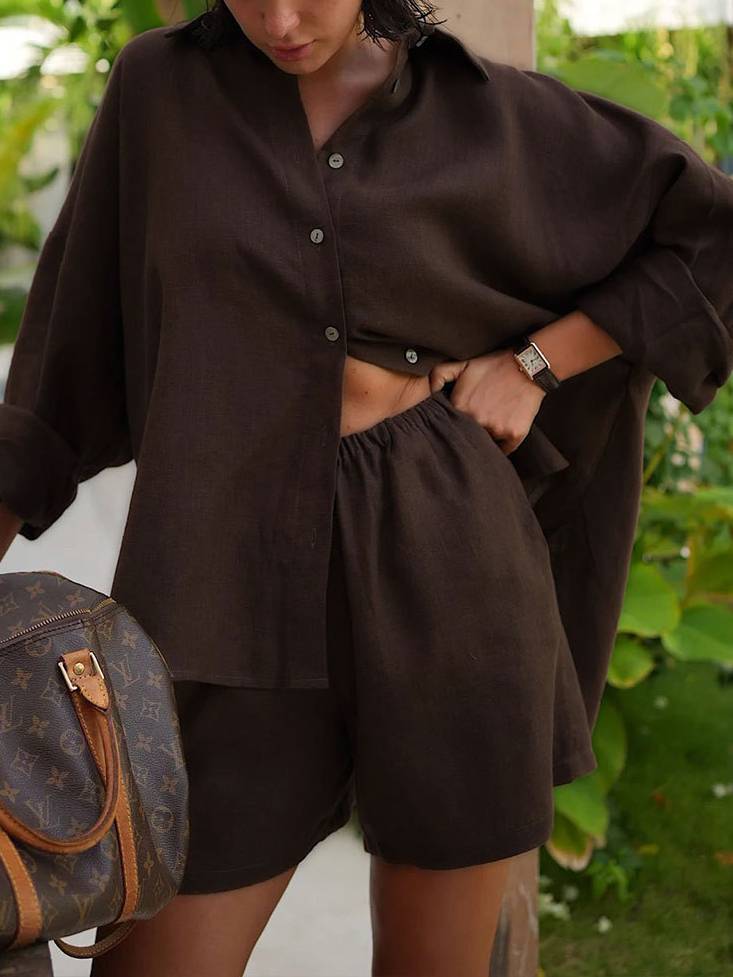 Casual Loose Long Sleeve Shirt And Shorts Suit