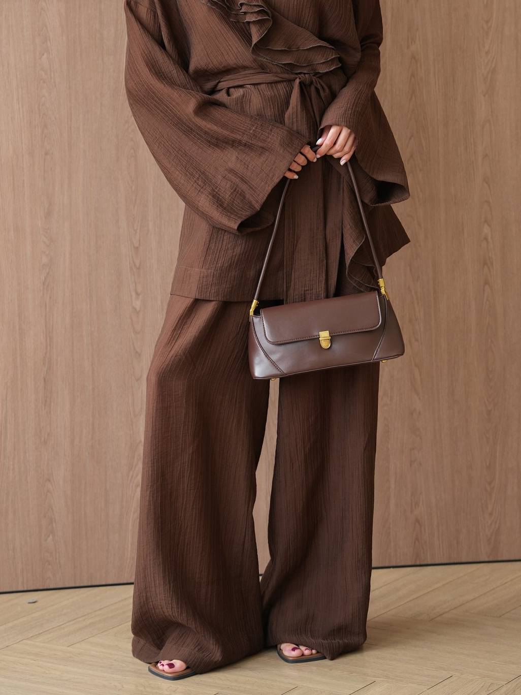 Ruffled Loose Belt Shirt And Wide Leg Pants Suit-Pants