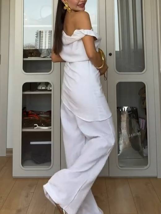 Off-shoulder Top And Wide-leg Pants Suit - Top