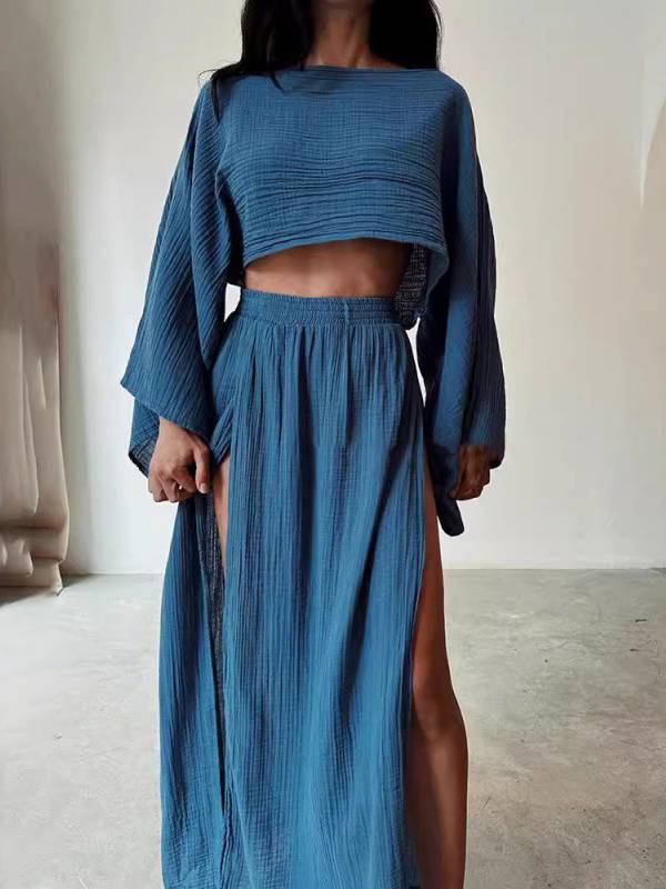 Loose Top and Slit Wide Leg Pants Set