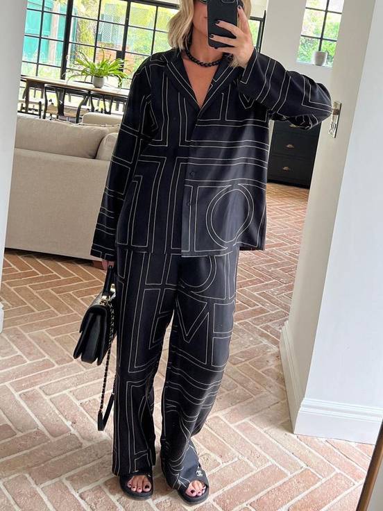 Geometric Letter Print Shirt Wide Leg Suit-Shirt