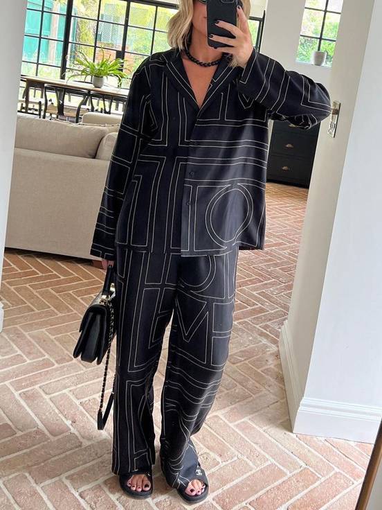 Geometric Letter Print Shirt Wide Leg Suit-Pants