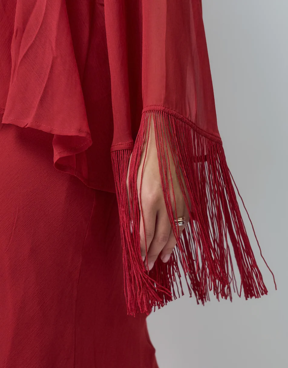 Red Chiffon Fringe Cape Top and Midi Skirt Two Piece Set [erp-image:544b00fbeb4eeb0ad1909372]