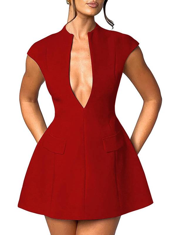 Flying Sleeve Deep V-neck Mini Dress