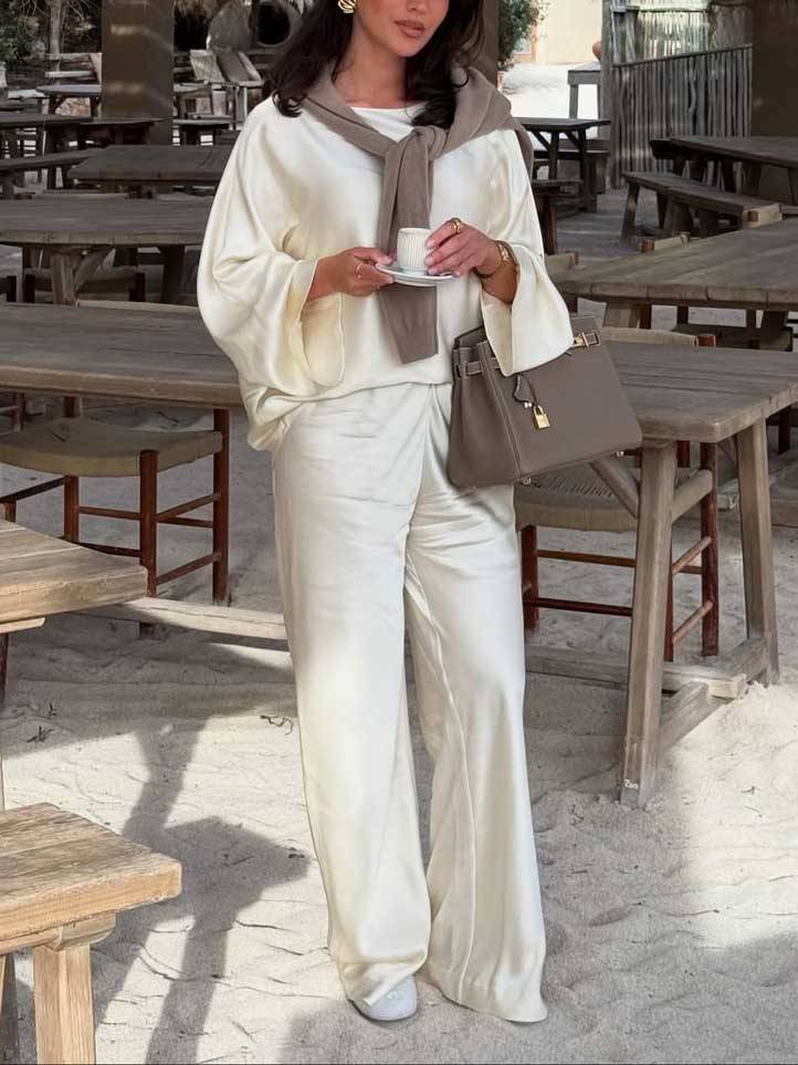 Minimalist Old Money Crewneck Shirt And Wide Leg Pants Suit-Shirt