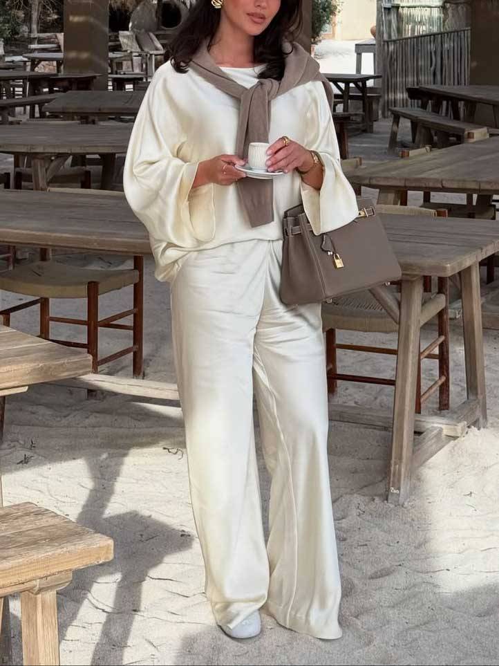 Minimalist Old Money Crewneck Shirt And Wide Leg Pants Suit-ShirtPants