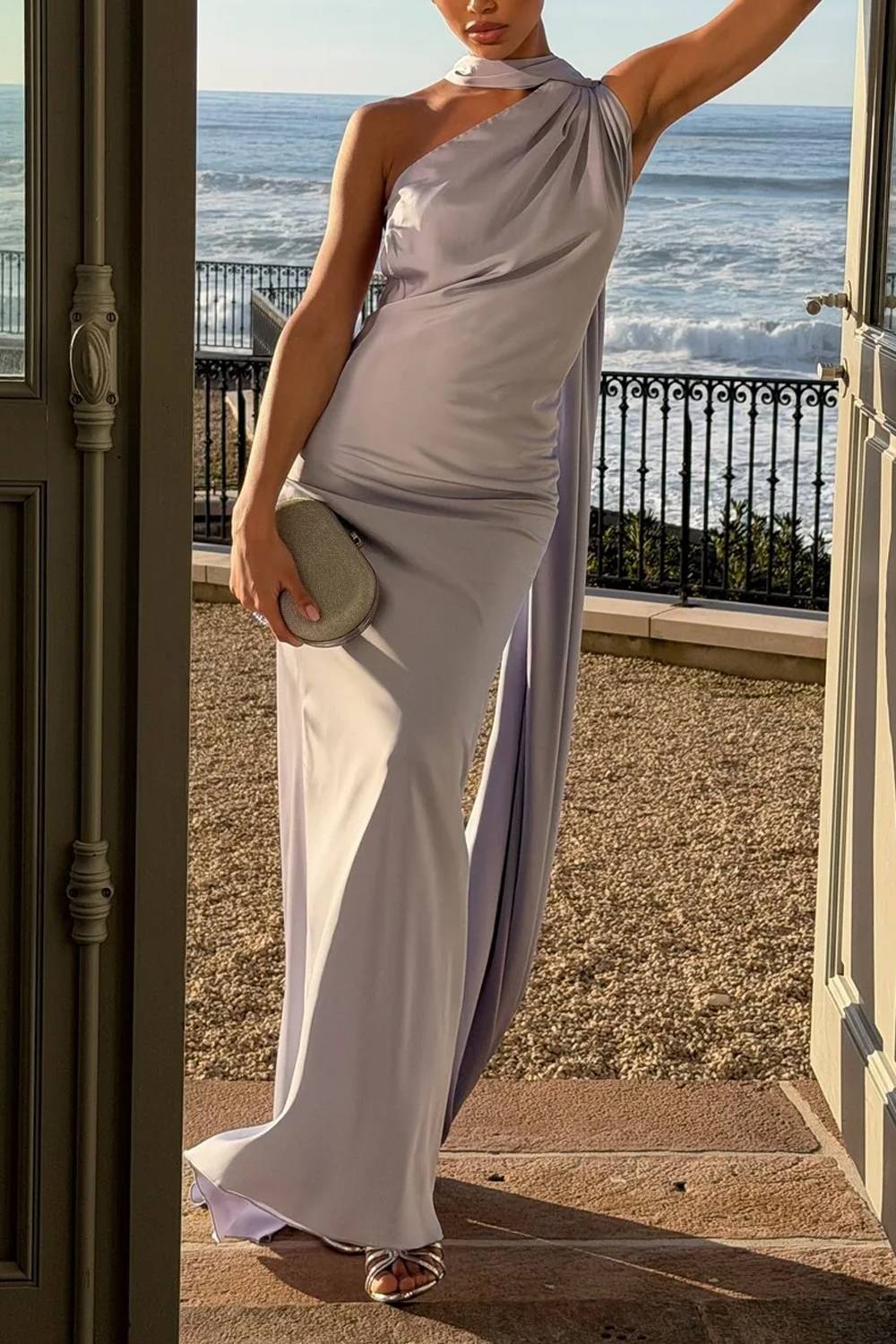 Halter Neck Draped Open Back Maxi Evening Gown With Long Sash