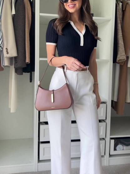 Color Contrast V-neck Knitted Short-sleeve Top