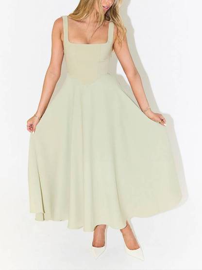 Elegant Sling Square Collar Large Swing MidI Dress