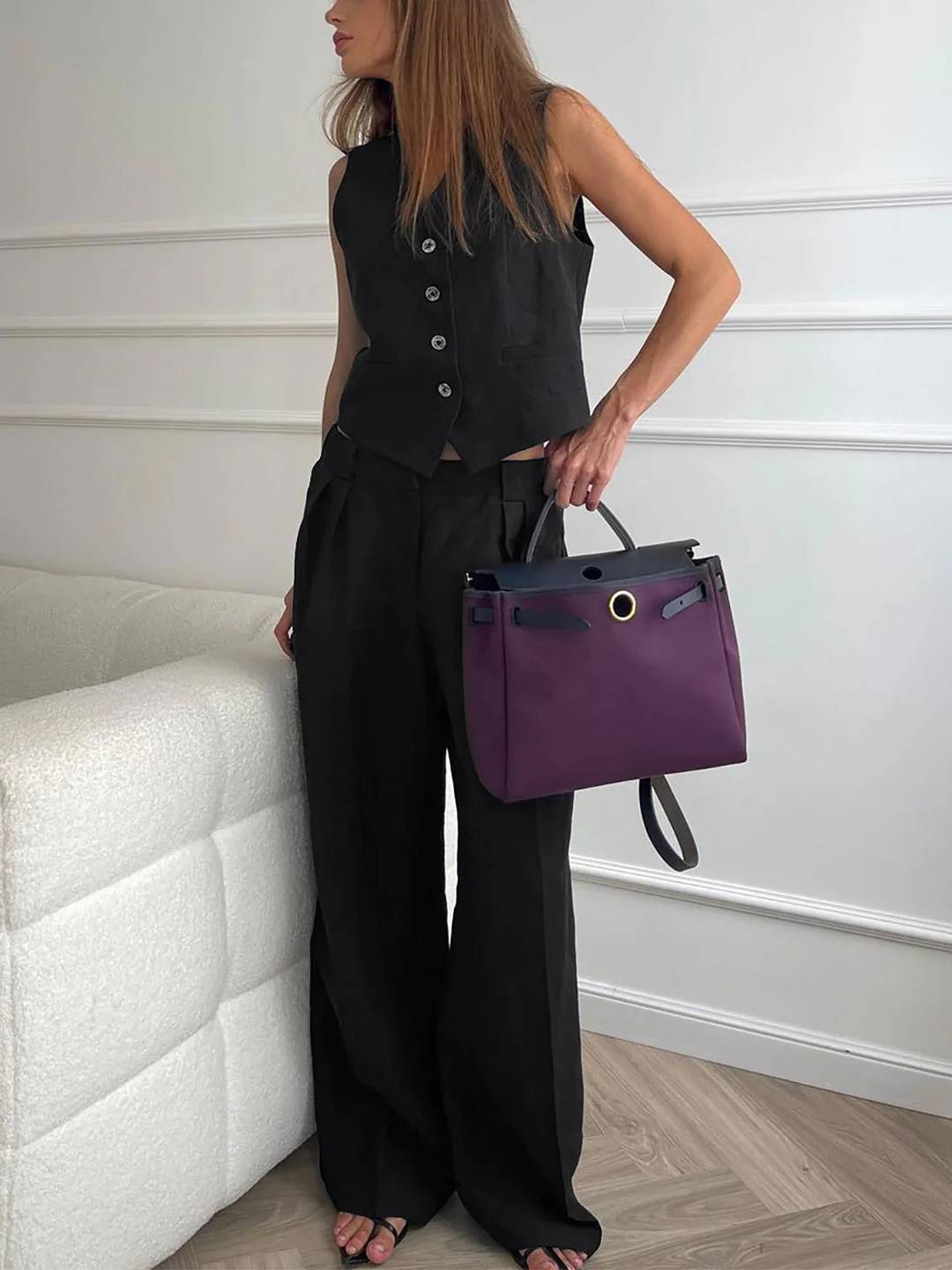 Cotton Linen Vest And Wide Leg Pants Suit-Pants