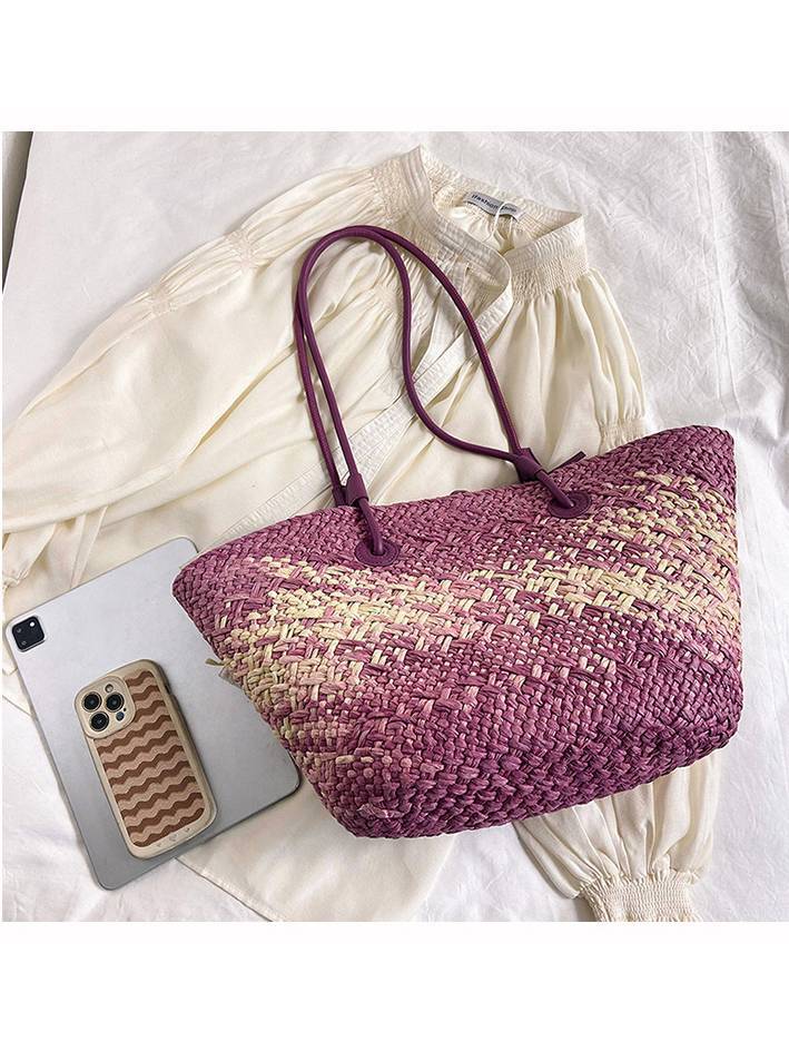 Gradient Colorful Hand-woven Beach Straw Bag