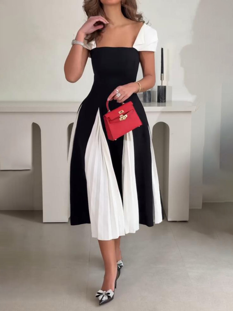 Elegant Contrast Pleated Panel Midi Dress