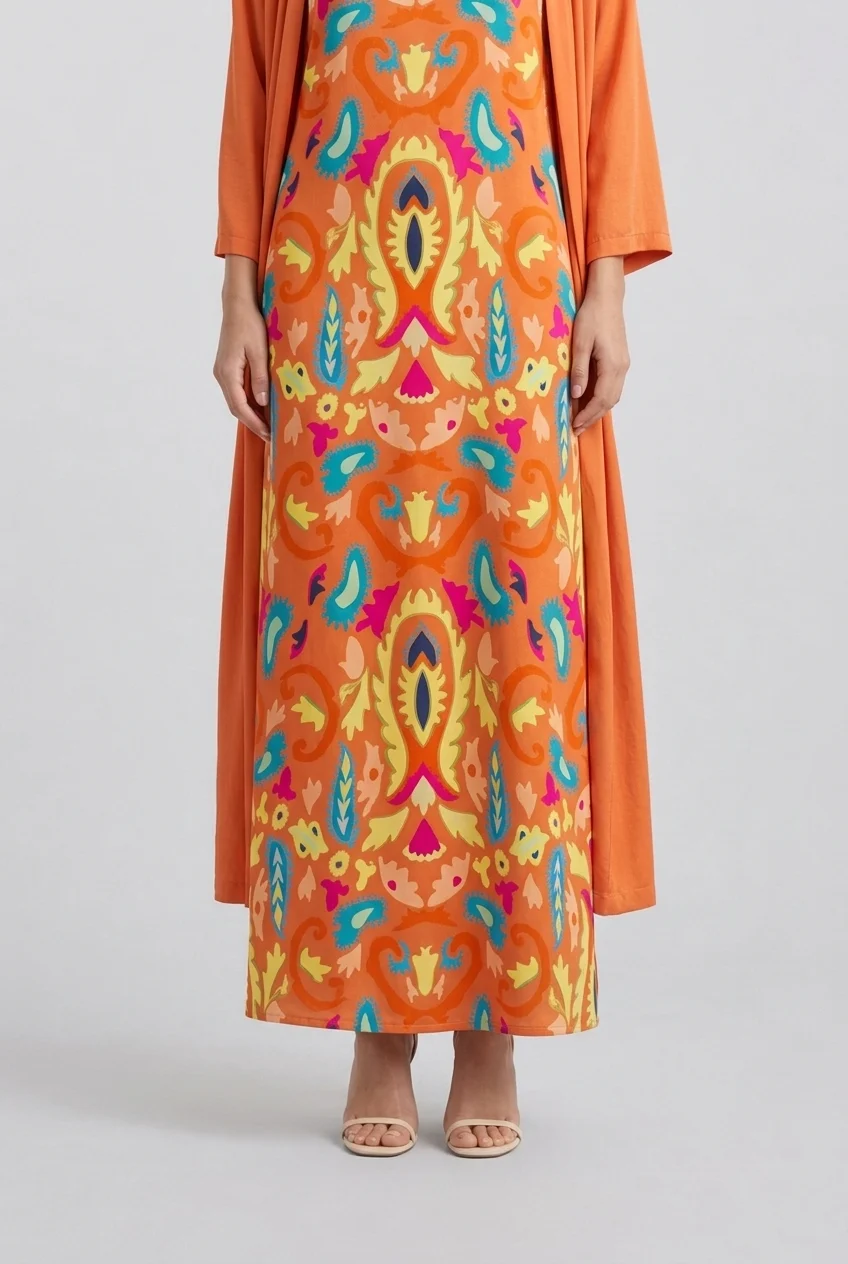 Women's Orange Boho Print Sleeveless Maxi Dress and Long Cardigan Two Piece Outfit Set [erp-image:23cee123b0be4473a9c10331]
