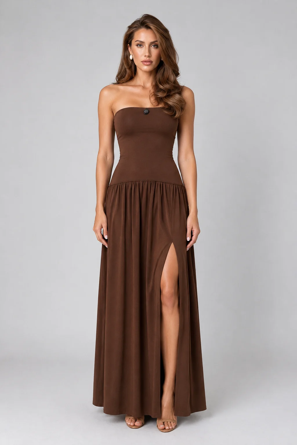 Brown Strapless Drop Waist Maxi Dress with High Thigh Slit [erp-image:4cc7fe9e21e7a107efa8e59d]