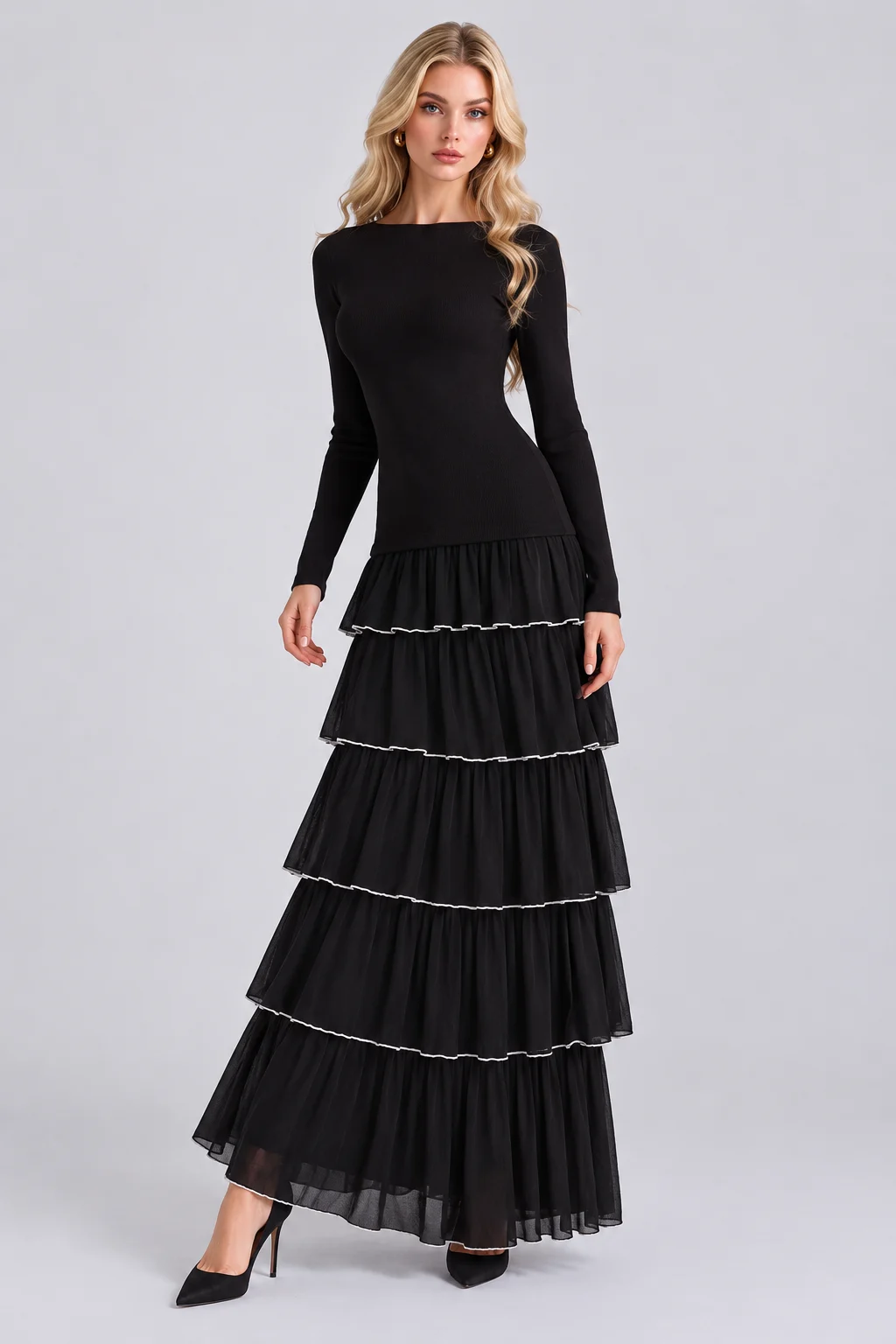 Black Long Sleeve Mock Neck Tiered Ruffle Drop Waist Maxi Dress [erp-image:6369cad152e58a1905a64aa8]