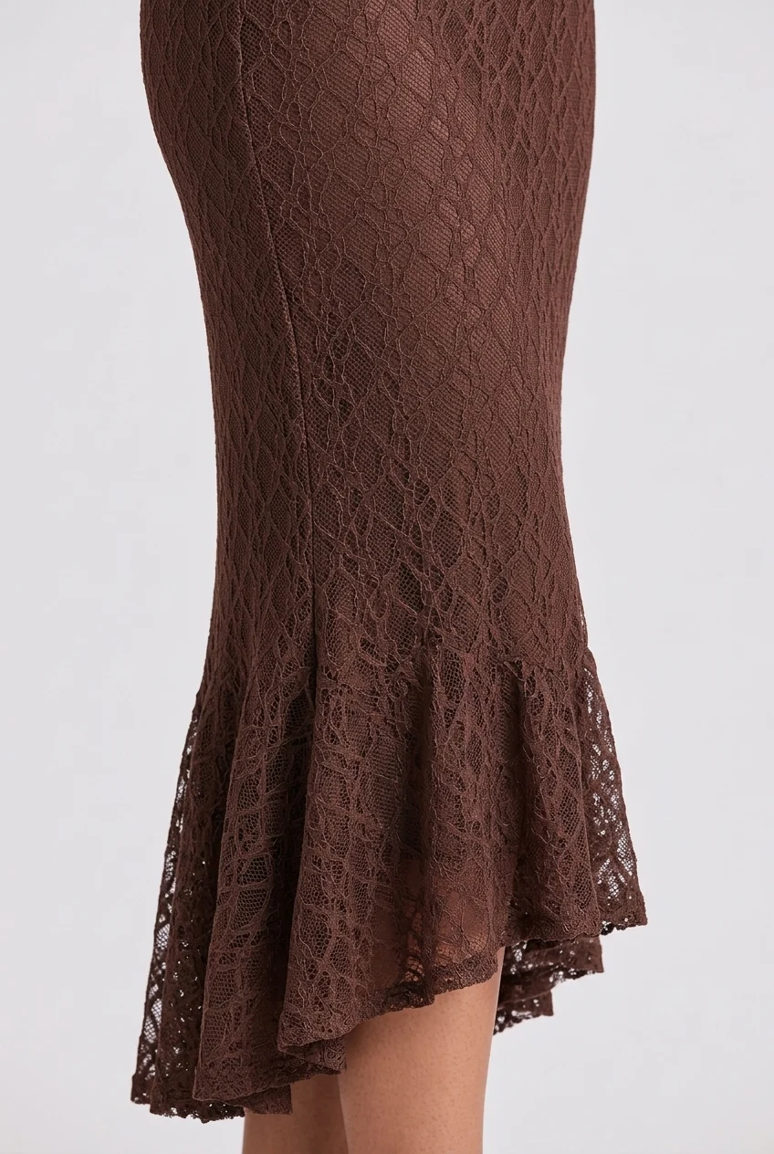 Brown Mock Neck Long Sleeve Lace Mermaid Midi Dress [erp-image:506322c82e938cc1d56722ef]