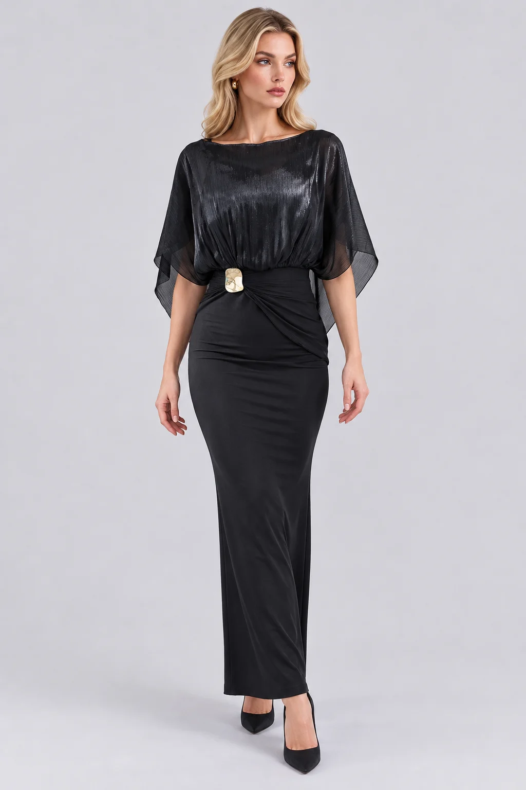 Shimmer Cape Sleeve Column Maxi Dress with Gold Buckle Accent [erp-image:0f7582da9d4b9c84b86cc0f0]