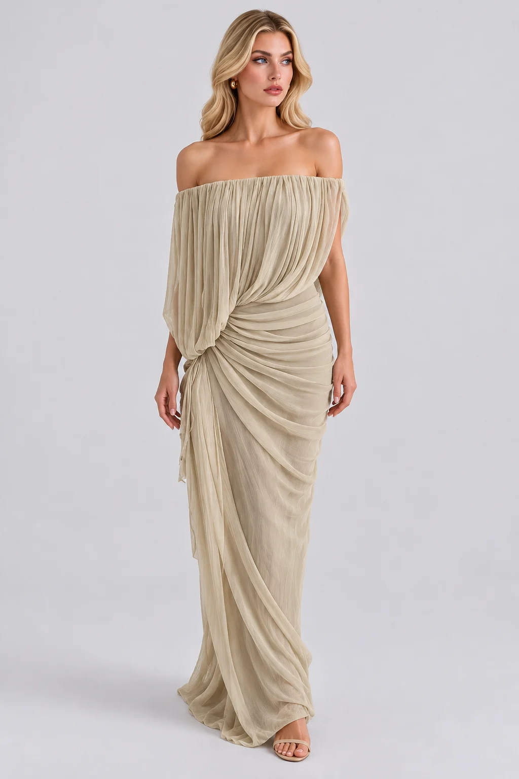Off the Shoulder Draped Pleated Ruched Maxi Dress [erp-image:c5bebbff097ad0f58cfad0cf]