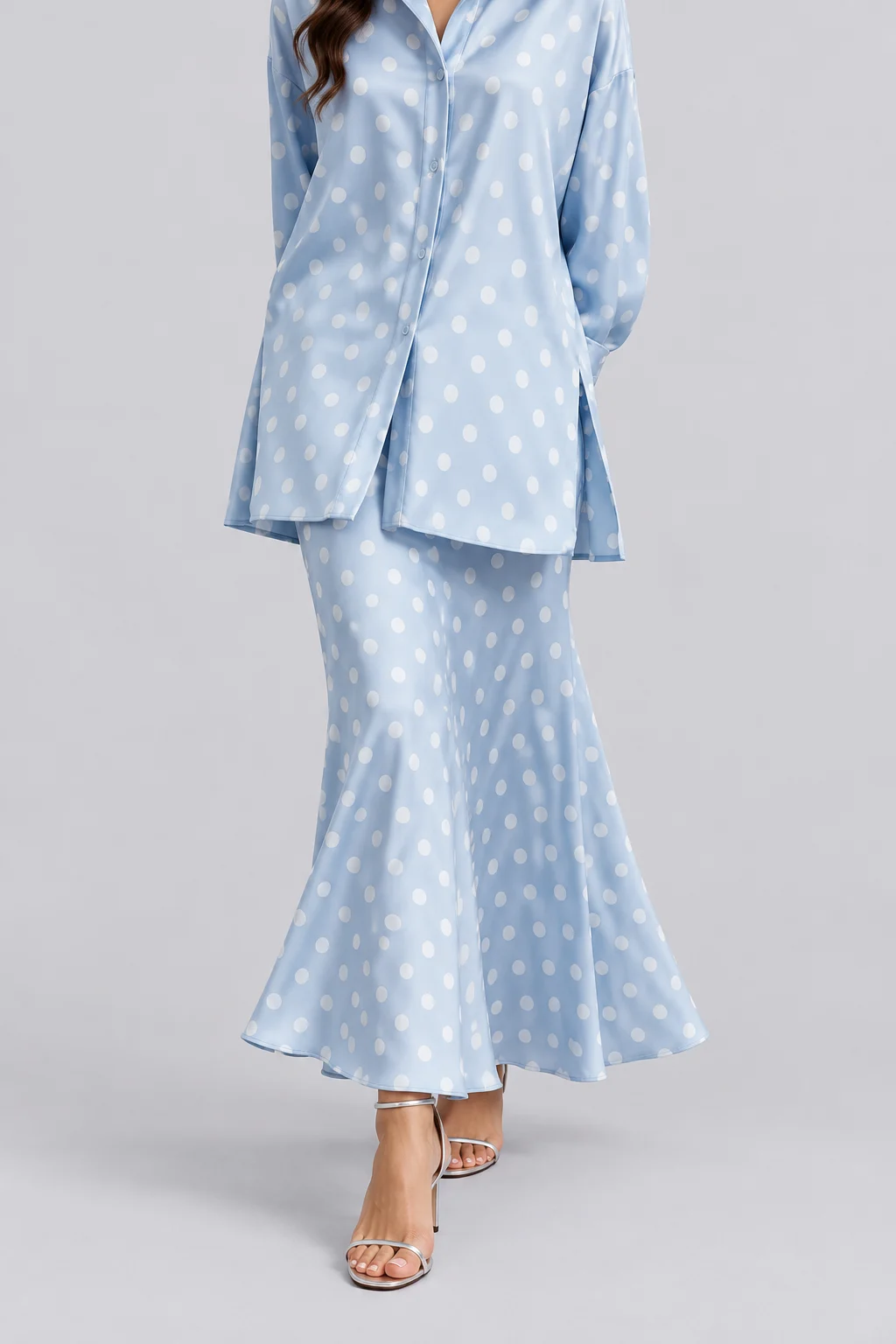 Light Blue Polka Dot Satin Oversized Shirt and Midi Skirt Two Piece Set [erp-image:431d749215cc69ade9a2cec3]