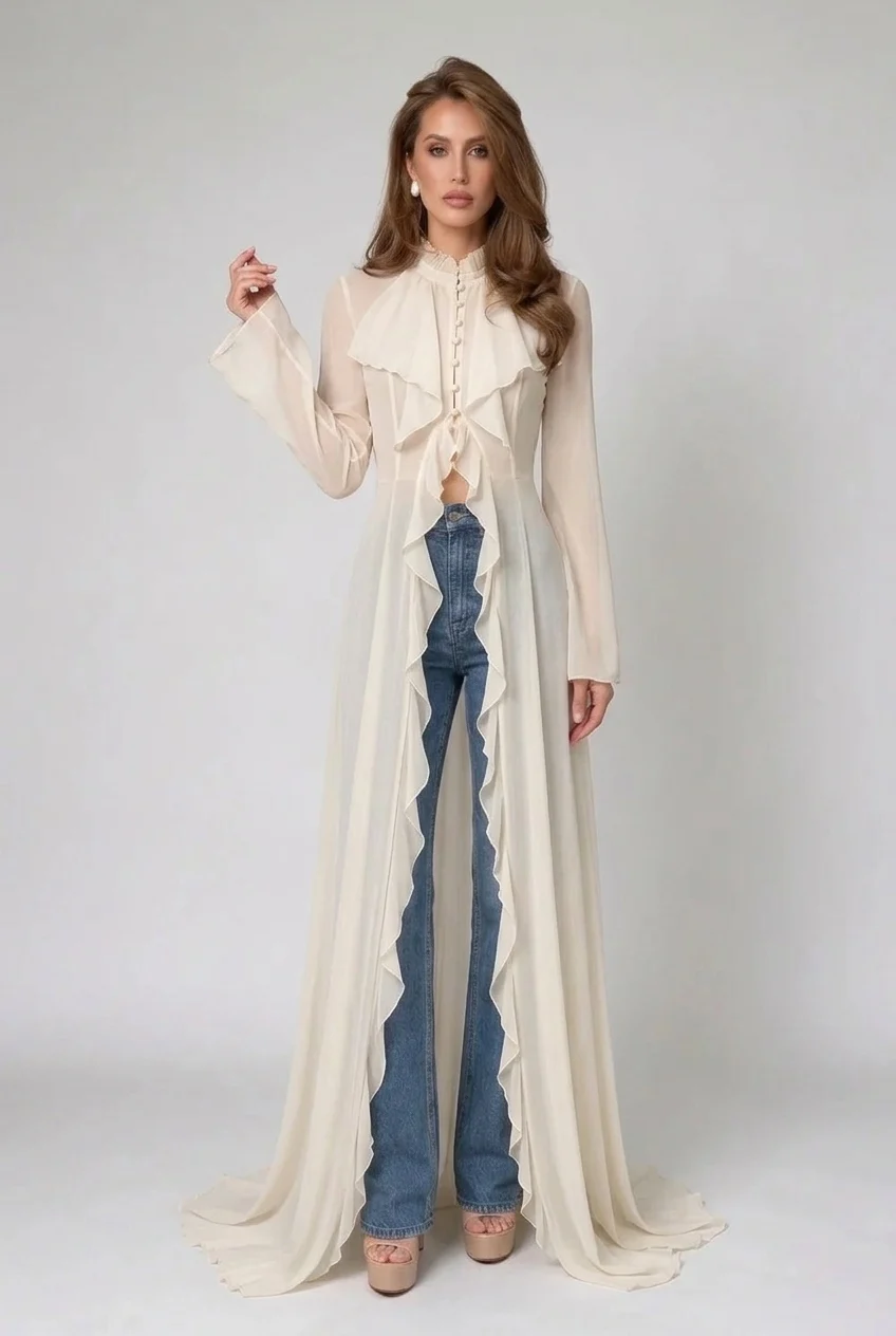 Ivory Ruffle Trim High Neck Sheer Chiffon Maxi Blouse Duster Top [erp-image:3e3e97675dc240045f726948]