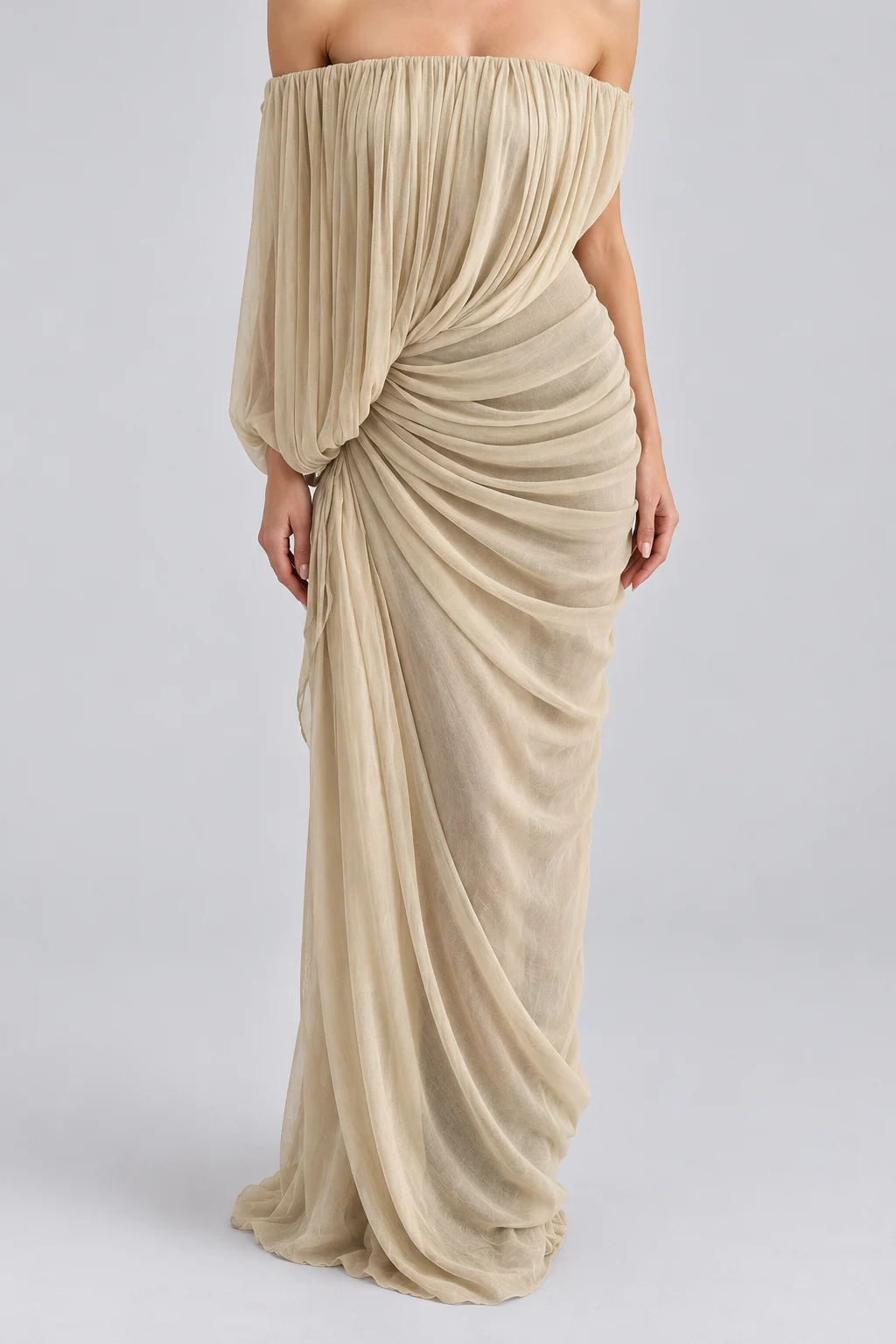 Off the Shoulder Draped Pleated Ruched Maxi Dress [erp-image:8c53aa1ba7613ed04d80f964]