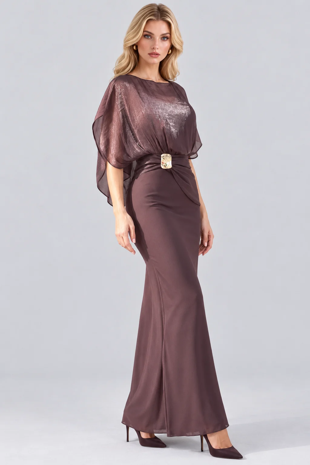Shimmer Cape Sleeve Column Maxi Dress with Gold Buckle Accent [erp-image:1c4d745b12e0f025e59f3537]