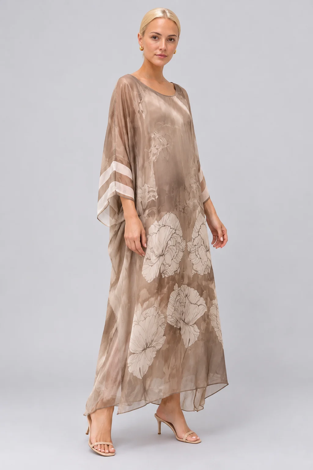 Floral Print Sheer Chiffon Kaftan Maxi Dress with Wide Sleeves [erp-image:f3a7a23f29b1d5d6ef221932]