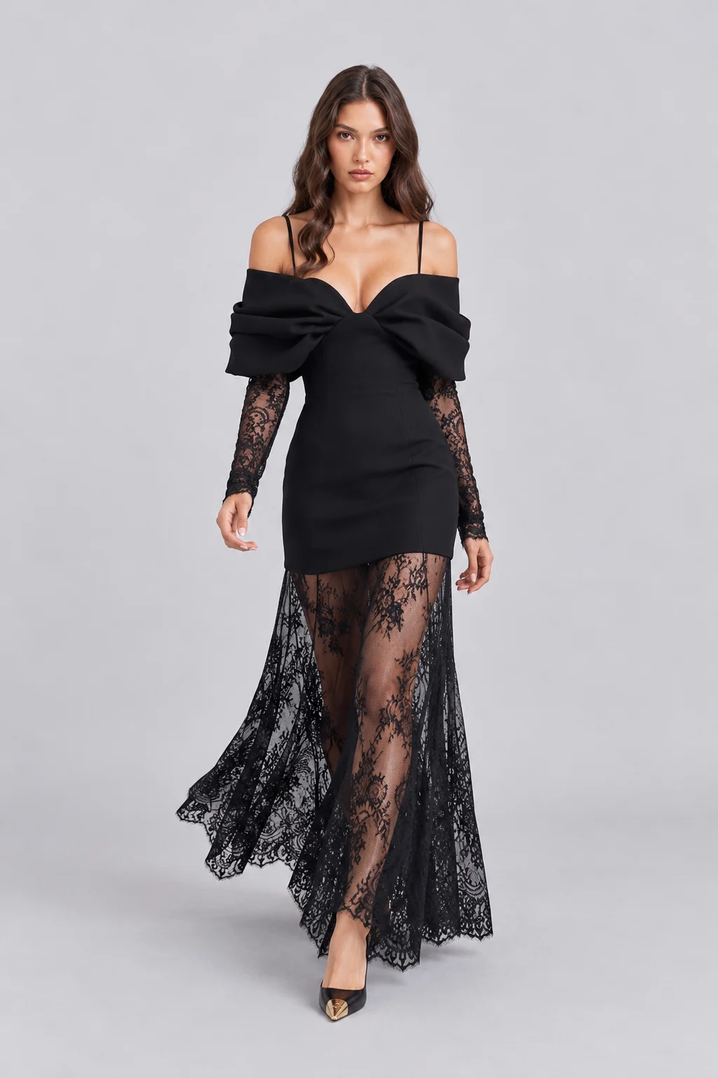 Women Black Cold Shoulder Bow Mini Dress and Sheer Lace Maxi Skirt Two Piece Set