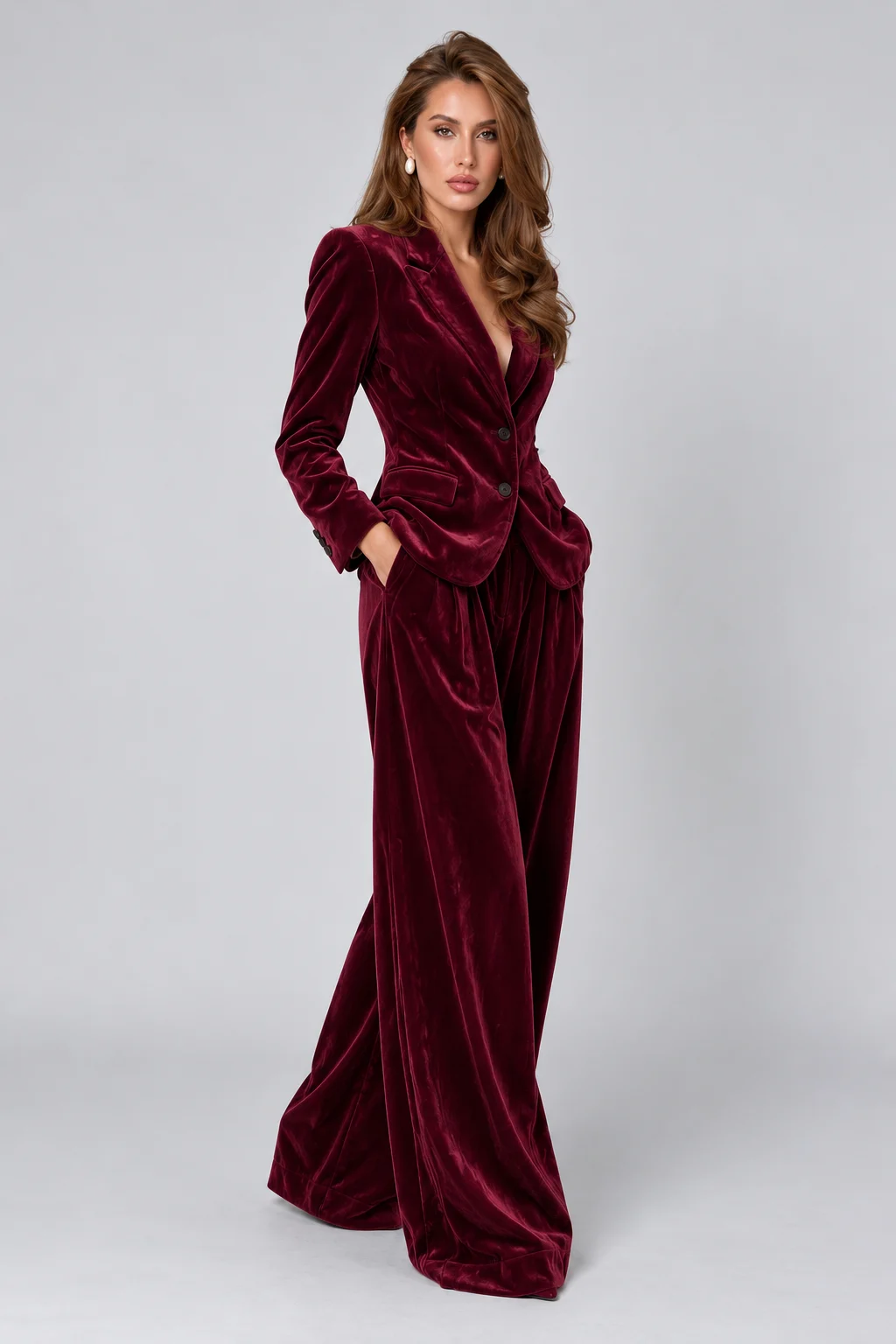 Women's Velvet Notch Lapel Blazer and Wide Leg Trousers Two Piece Suit Set [erp-image:c2ca0099831c15a6032dd4ca]