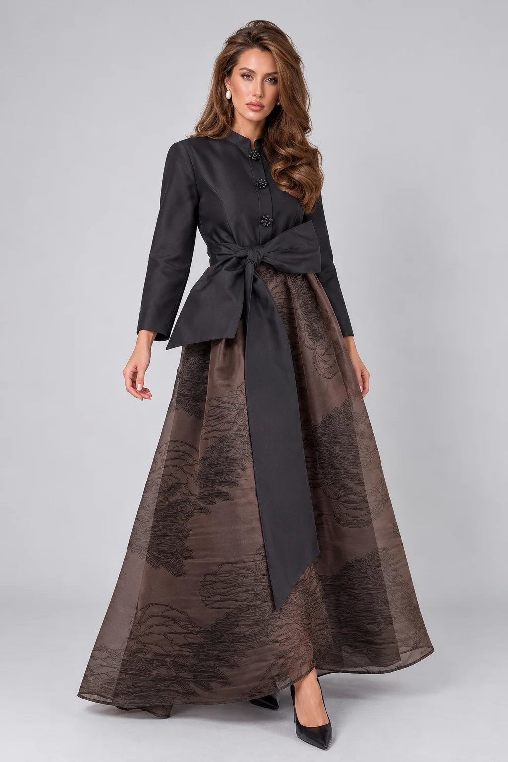 Elegant Black Long Sleeve Bow Belted Shirt Dress with Floral Buttons [erp-image:2691e304f0e95b527db16b39]