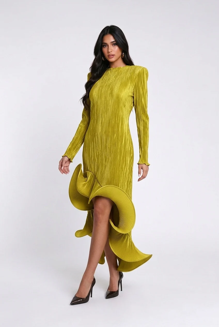Long Sleeve Pleated High Low Dress with Sculptural Ruffle Hem [erp-image:dc236467fef644e7289252d6]