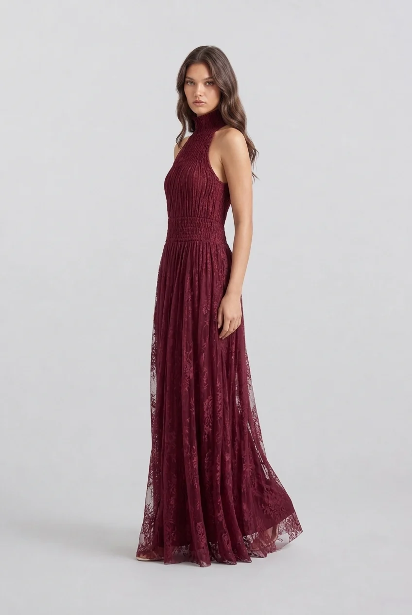 Burgundy Halter High Neck Pleated Mesh Sleeveless Maxi Evening Dress [erp-image:292bbc86f7ac5c66c2abdc7b]