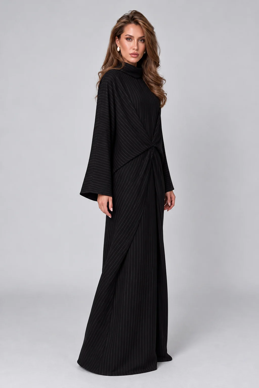 Black Pinstripe Long Sleeve Twist Front Abaya Maxi Dress with Wide Cut [erp-image:4476c8b3e65d974ec33df434]
