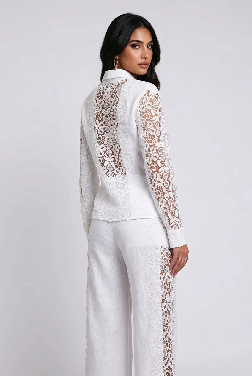 White Lace Panel Long Sleeve Shirt and Wide Leg Pants Two Piece Set [erp-image:2e289423b1da37e3b539a1ff]