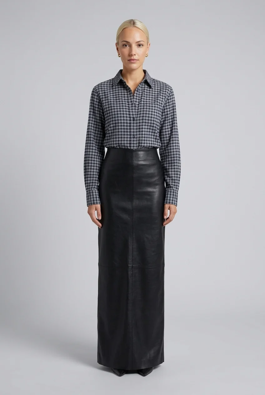Plaid Long Sleeve Button-Down Shirt and Black Faux Leather Maxi Skirt Two Piece Set [erp-image:0cf4802e646433a175998ed3]