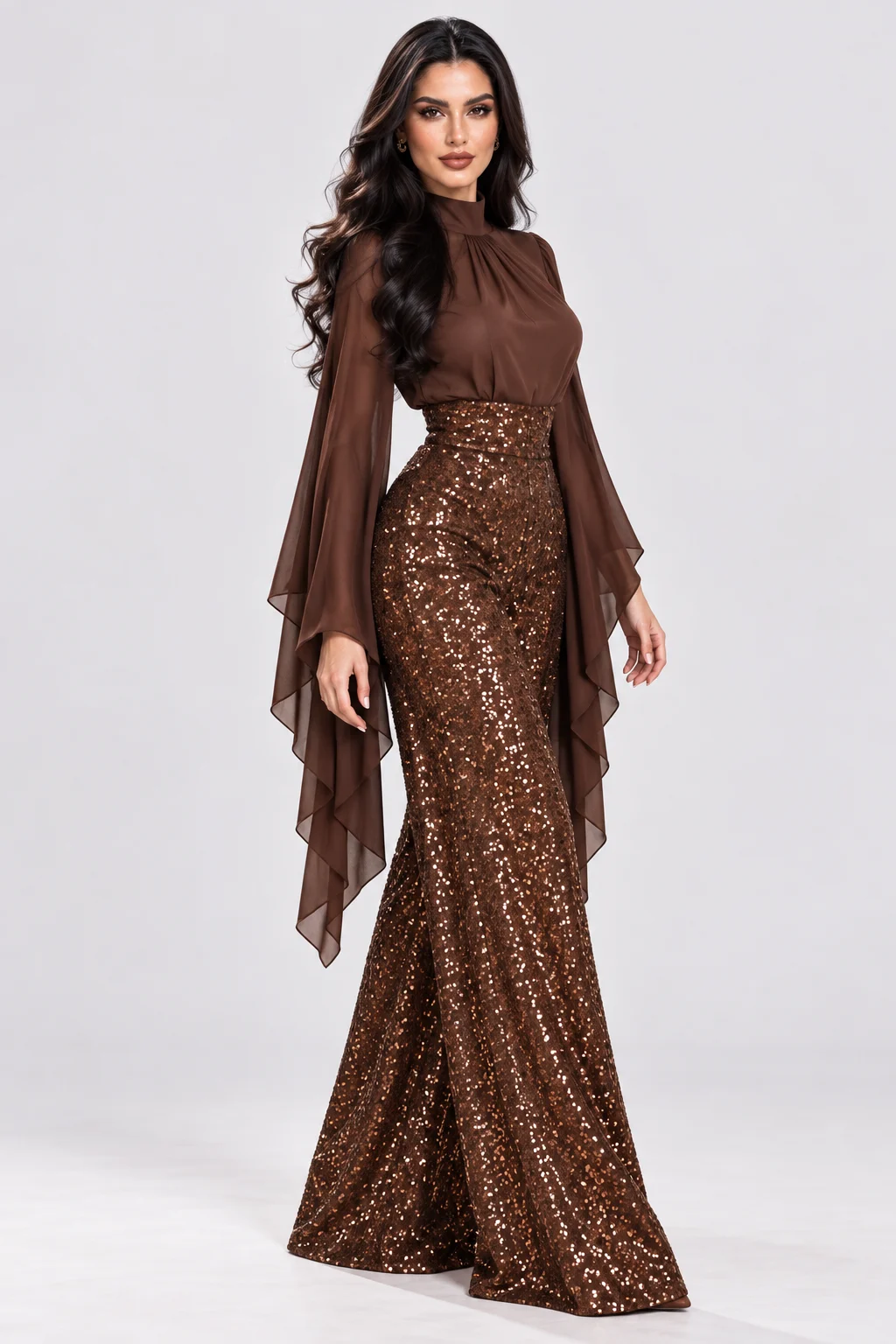 Brown High Neck Cape Sleeve Blouse and Sequin Wide Leg Pants Two Piece Set [erp-image:c9c8caedd0b3c5ecfd7e9c3e]