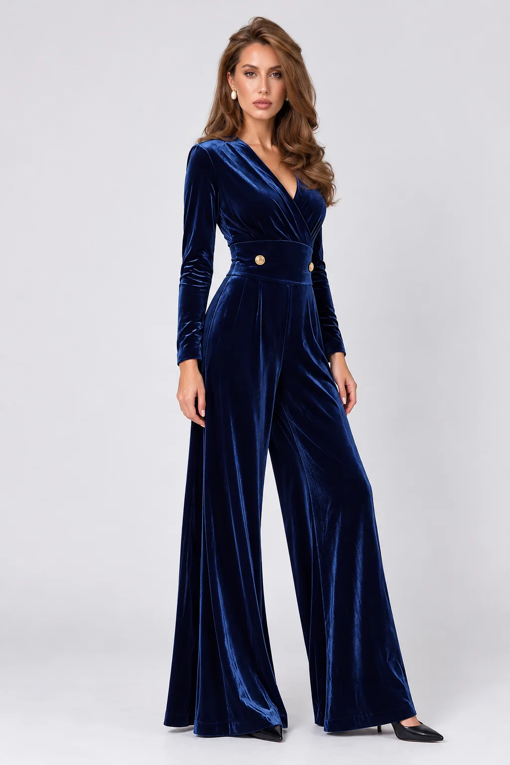 Navy Blue Velvet Wrap V-Neck Wide Leg Long Sleeve Jumpsuit [erp-image:6f271bde127d6df67f505ce1]