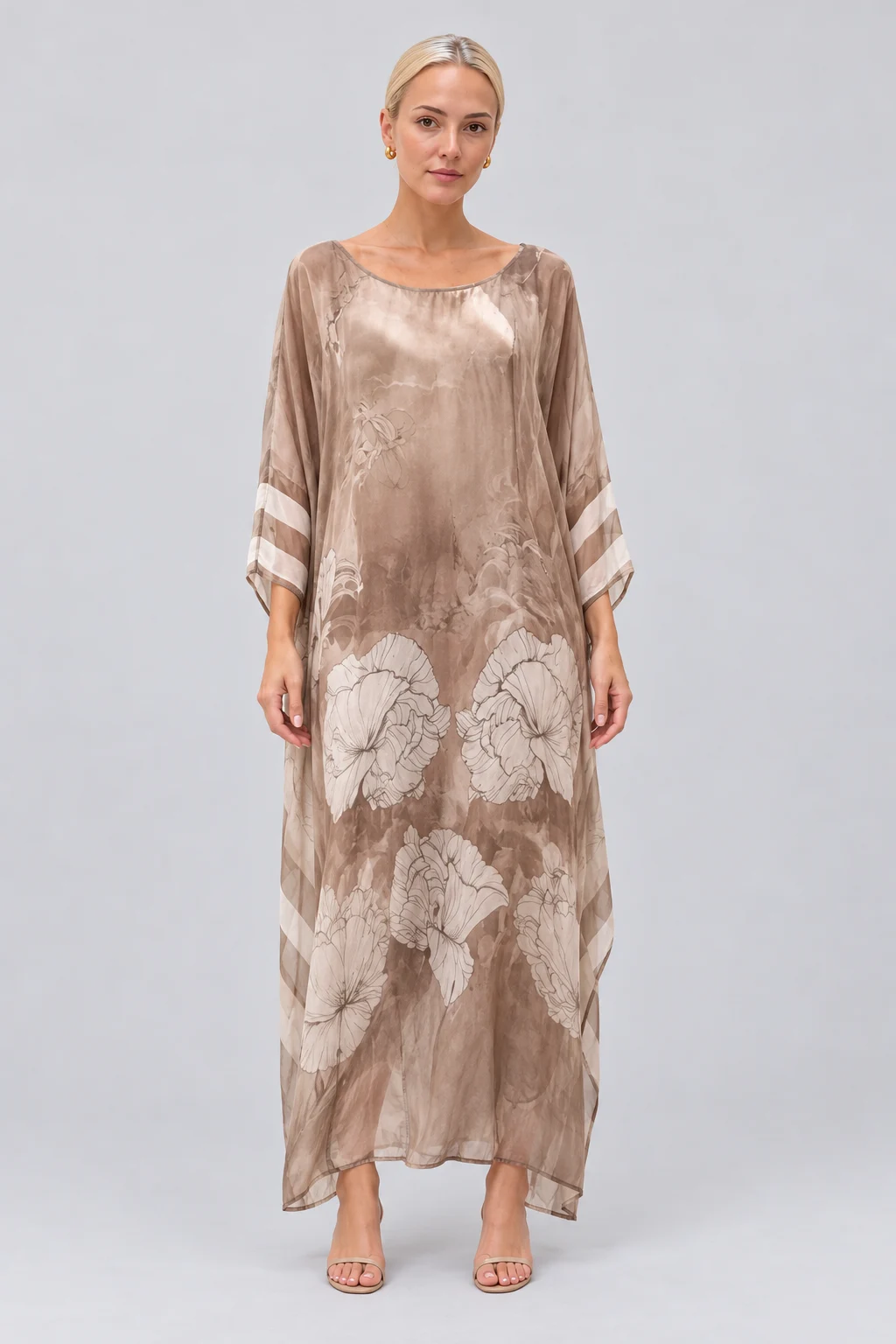 Floral Print Sheer Chiffon Kaftan Maxi Dress with Wide Sleeves [erp-image:c1d4348660403e45108ed05c]